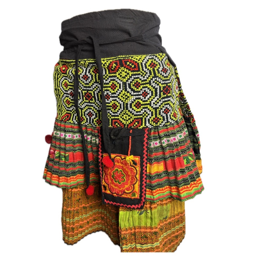 Handmade Layered Multicolor Shipibo Patterned Skirt with Pom-Pom Details